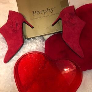 Just in New in Box Red ankle bootie with flower detail